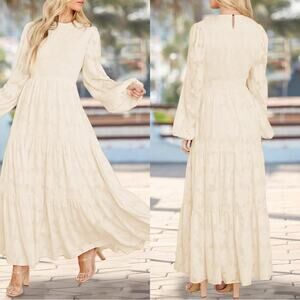Elegant Smocked Cream Long Sleeve Floral Maxi Dress L
